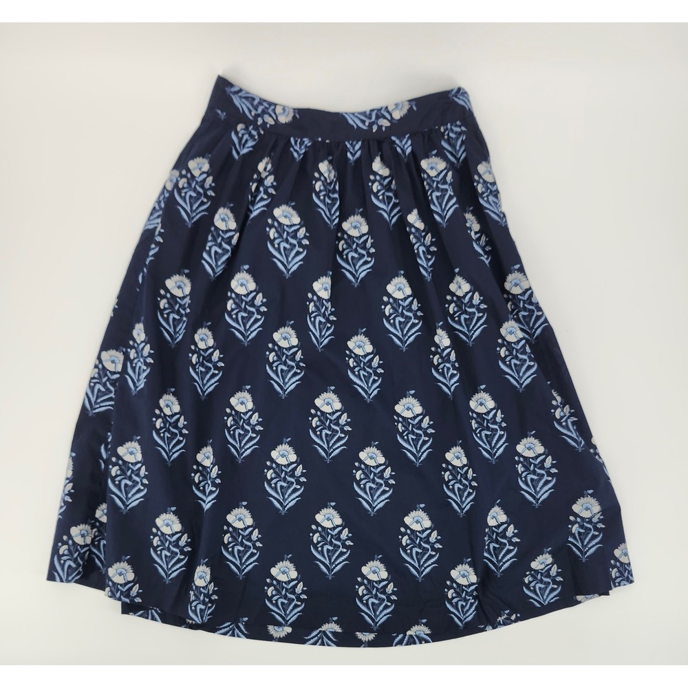 Loft Outlet Navy Blue Floral Block Print A-Line Midi Skirt Womens Size 0